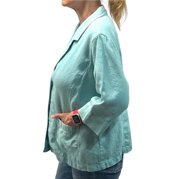 Eileen Fisher Aqua Blue Linen 3/4 Sleeve Button Front Blazer Jacket Women’s 1X - Picture 3 of 11